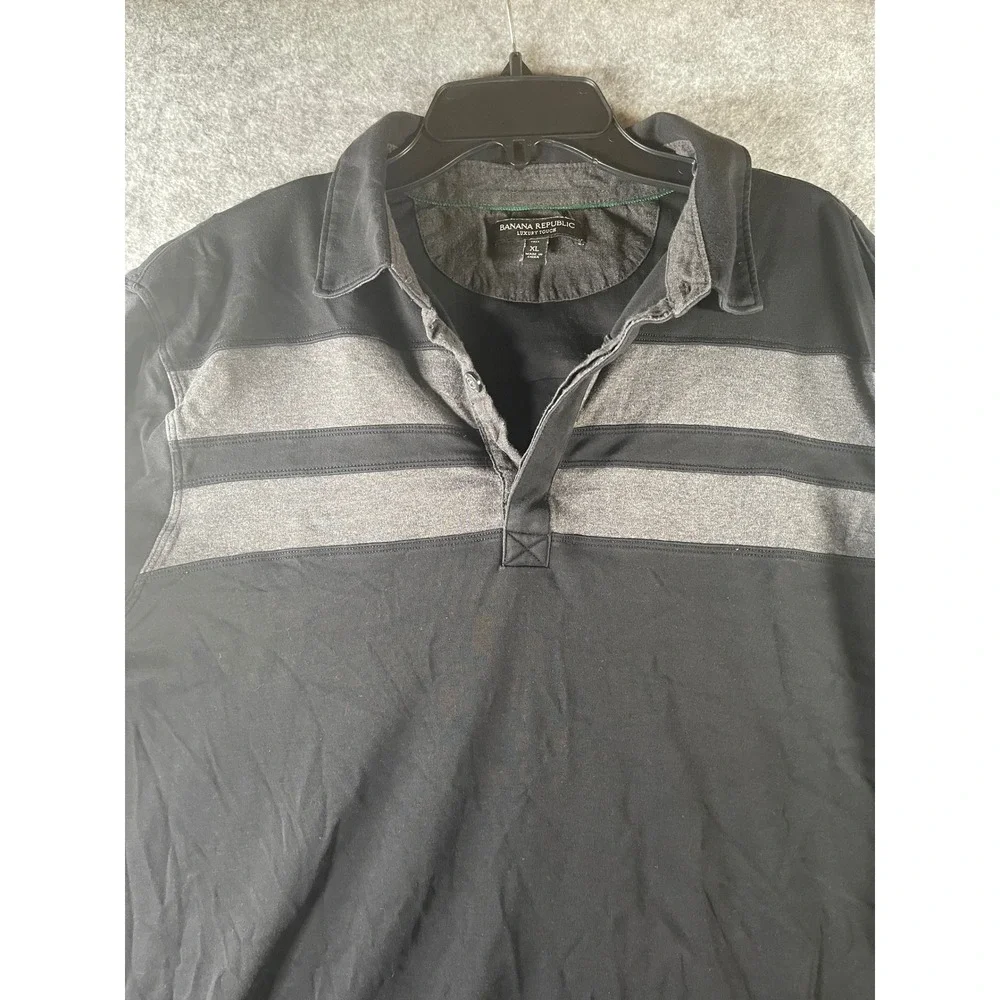 Banana Republic Luxury Touch Mens XL Tall Long Sleeve Polo Black Grey Striped
